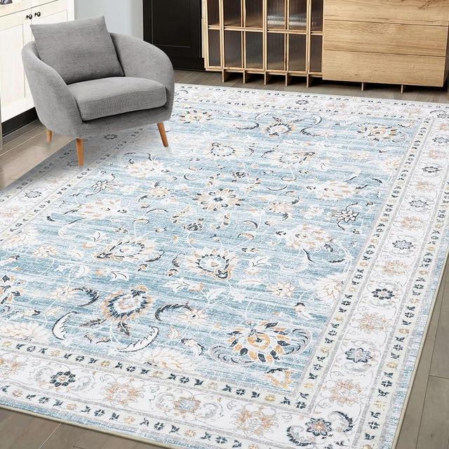 GAOMON Area Rug 8x10 Large Vintage Rug Machine Washable Area Rug Indoor Floor Cover Boho Distressed Rug Retro Accent Area Rug for Living Room Bedroom Kitchen, Blue