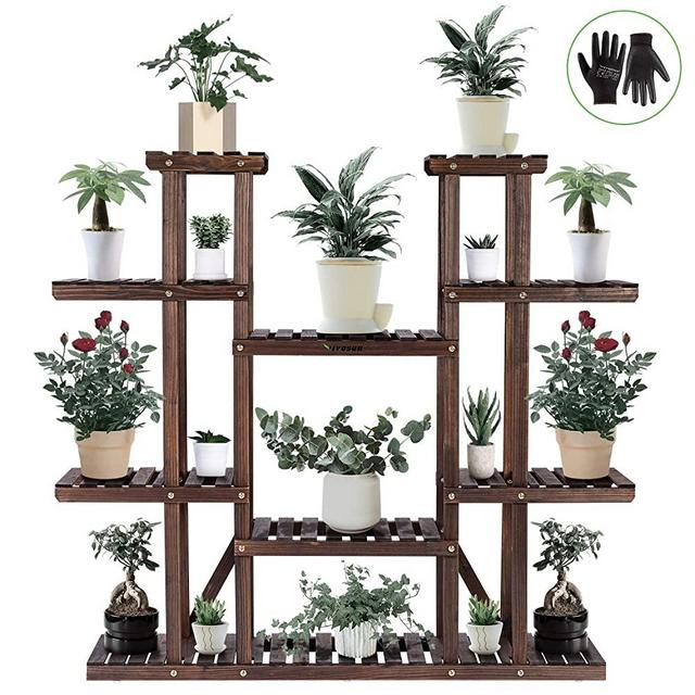 VIVOSUN 9 Tier Wooden Plant Stand Carbonized 17 Potted Flower Shelf Display Rack Holder 44.5" High Flower Stand for Patio Garden Balcony Indoor Outdoor