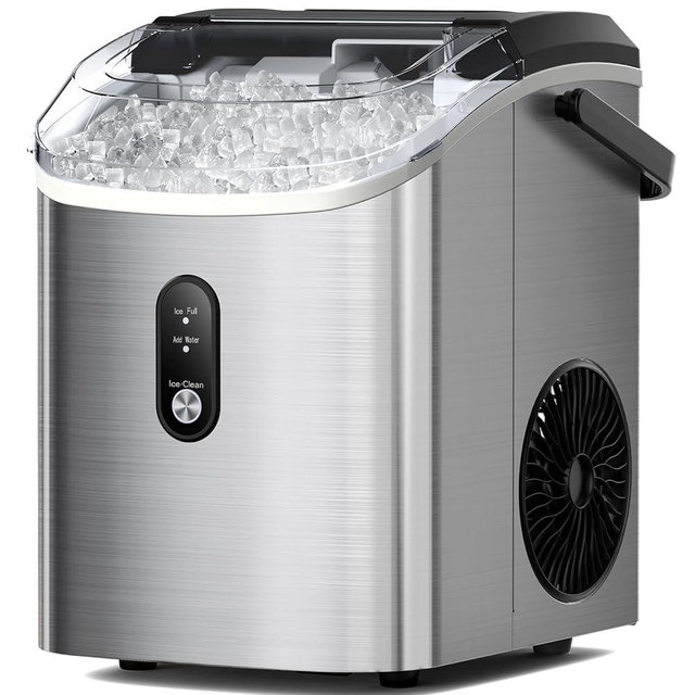 Nugget Ice Makers Countertop, Pellet Ice Maker Machine with Soft Chewable Ice, 34lbs/Day, One-Click Operation, Pebble Ice Maker Countertop with Self-Cleaning for Home/Office/RV/Camping, Silver