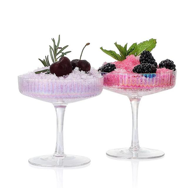 Iridescent Coupe Glasses set of 2 Vintage Stem Design for Manhattan Cocktail Champagne Martini Algonquin Gimlet Prohibition Aperitif Port Wine Rainbow Unicorn Pearl Shimmering Little Cute Glassware