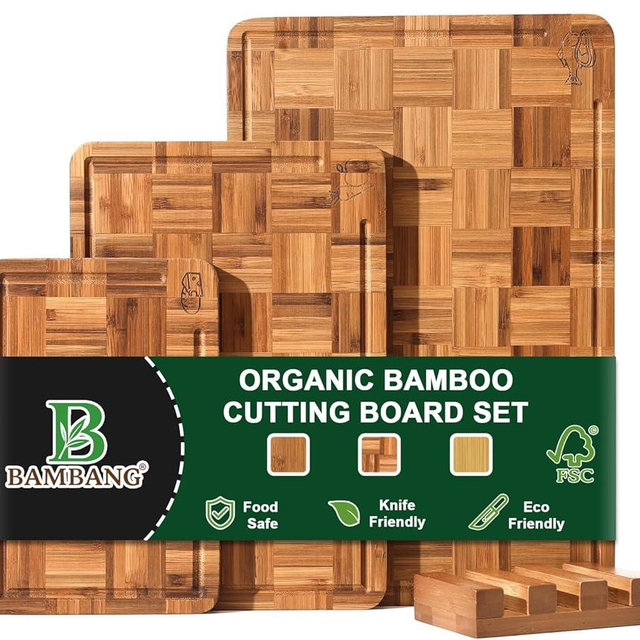 BAMBANG Bamboo Cutting Board for Kitchen with Juice Groove, End-Grain Butcher Block Chopping Boards, Checkered Wooden Cutting Boards Set of 3 with Stand, Knife-Friendly, Serving Tray