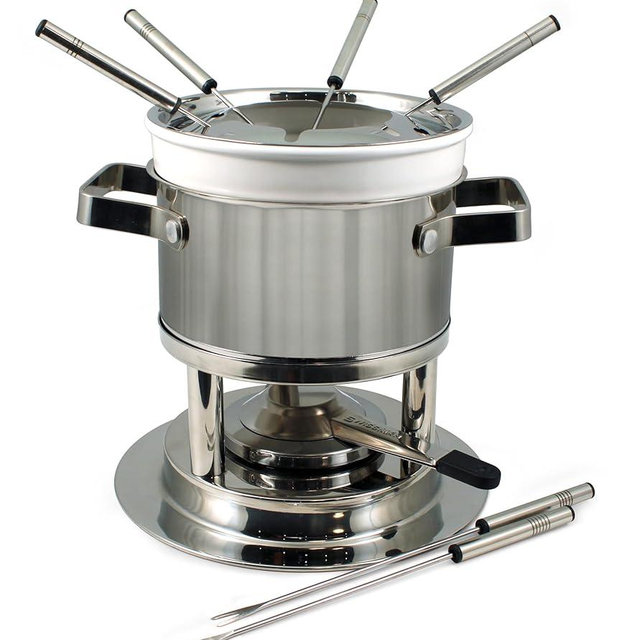 Swissmar Basel 11-Piece Stainless Steel 3-in-1 Fondue Set - Ideal for Melting Cheese, Chocolate, Butter, & More - Perfect for Kitchen Collection & Wedding Gift Giving - 1.6 Quarts / 1.5 Liter