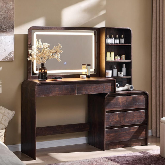 Aitjunz Vanity Desk with Mirror and Lights, 50” Modren Makeup Vanity with 35.43" Mirror and 5 Drawers, Makeup Table with Charging Station for Women and Girls, Bedroom (Brown)
