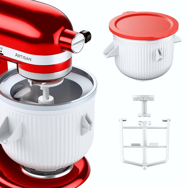 Ice Cream Maker Attachment for KitchenAid Stand Mixer, Ice Cream Bowl Compatible with 4.5Qt and Larger Stand Mixers, Ice Cream & Sorbet Gelato Maker Attachment, 2 Quart, White, With lid