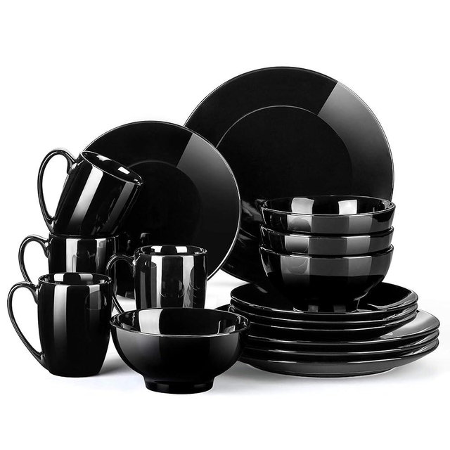 LOVECASA Black Dinnerware Sets Plates and Bowls Sets for 4, Ceramic Dish Set Round Dinner Sets, 16 Pieces Porcelain Dinnerware Set Crockery Sets, Dishwasher Microwave Safe