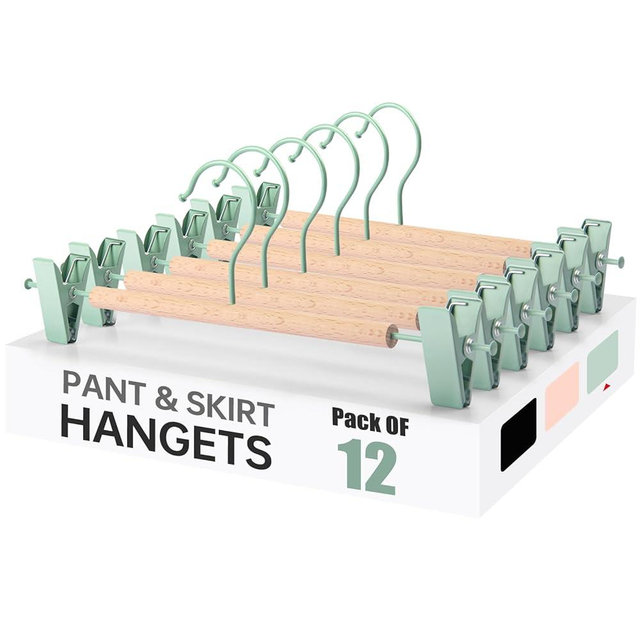 Wooden Pants Hangers with Clips 12 Pack, Heavy Duty Adjustable Clip Non Slip Skirt Hanger for Jeans, Trousers, Short, Clothes, Space Saving Closet Organizer (Green, 12 Pack)