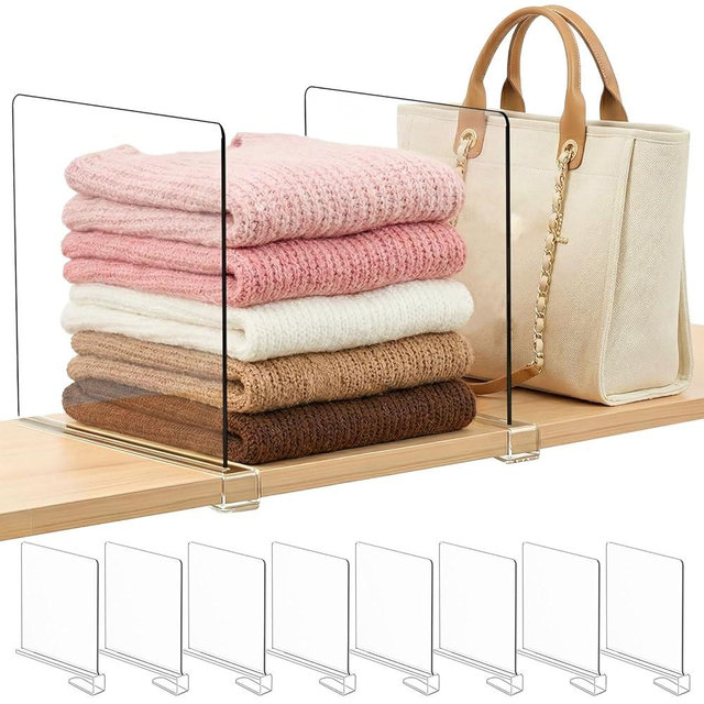 Saccik Purse Organizer for Closet Shelf Dividers: 11-inch Tall (Higher Version) Adjustable Clear Acrylic Bag Storage Organizer for Handbags, Sweaters, Towels, Jeans and Shoes on Wood Shelves 8-Pack