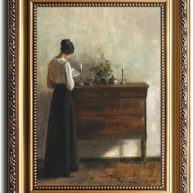 Vintage Gold Framed Wall Decor Woman Reading Portrait Oil Painting, Vintage Danish Canvas Wall Art Dark Academia Aesthetic Print, 19th Century Antique Poster Retro Gallery Bedroom Decor 12x16