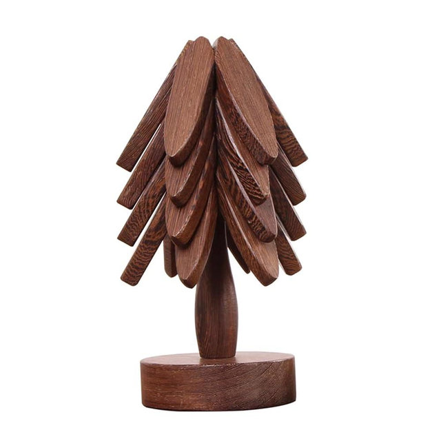 Wooden Placemats - Tree Washer Set, Wooden Pinwheel Coaster Set with Stand for Easy Storage - for Fondue pots, Pans, Bowls, teapots, Warming Trays - Versatile Decorations (B Walnut 4 pcs)