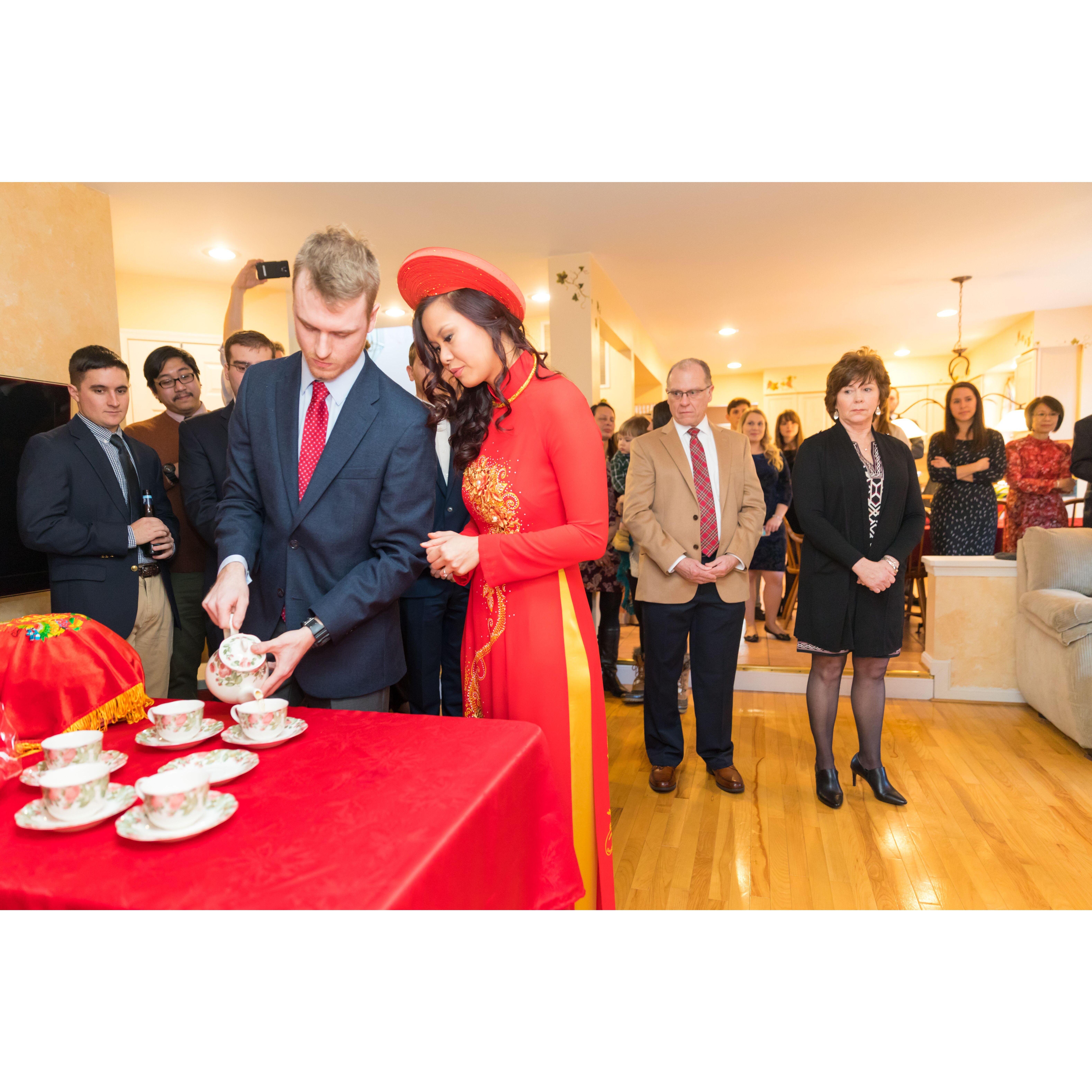 We integrated a tea ceremony that is traditionally  held on the morning of the wedding day into our engagement ceremony. 

Leesburg, VA
December 2017
