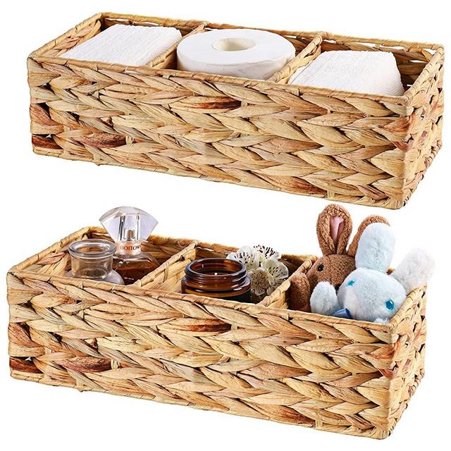 Vagusicc 3-Section Wicker Baskets for Shelves, Hand-Woven Water Hyacinth Wicker Storage Basket, Toilet Paper Basket for Toilet Tank Top, Baskets for Organizing Bathroom Kitchen, 2-Pack