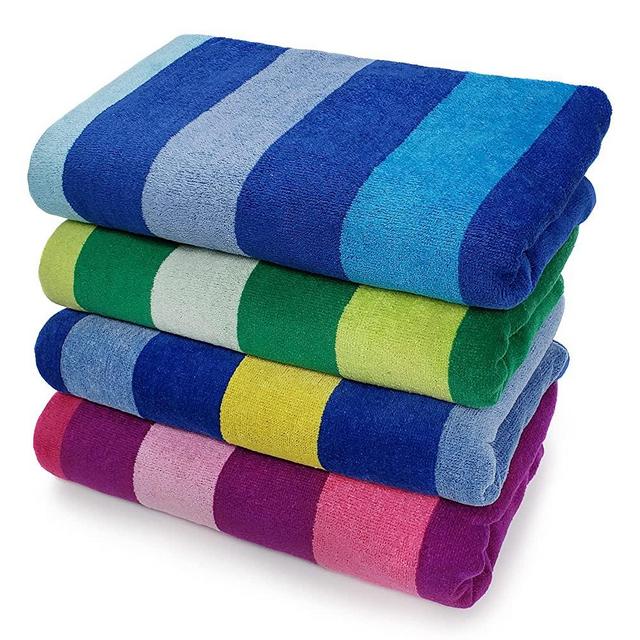 Kaufman Luxurious, Plush ,4 Pack 100% Combed Ring Spun Yarn dye Cotton Velour Oversized 32”x62” Highly Absorbent, Quick Dry, Colorful Tonal Rugby Striped Beach, Pool and Bath Towel.
