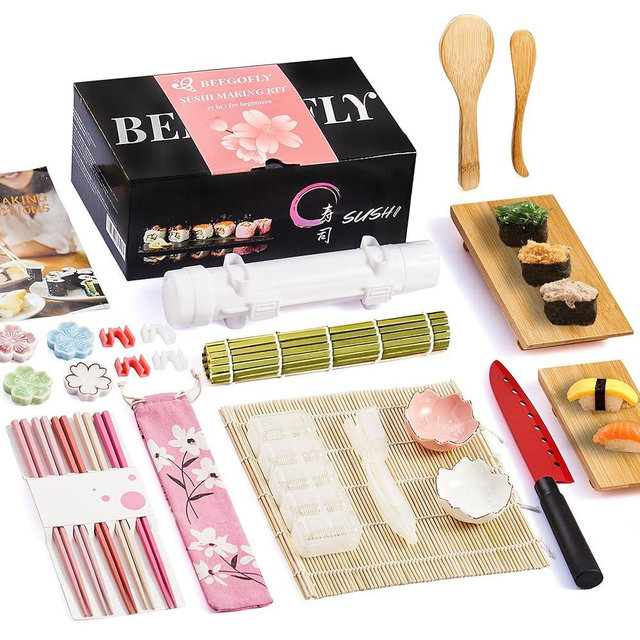 Beegofly Sushi Making Kit, 27-In-1 Sushi Bazooka Roller Set, Includes Japanese Sashimi Sushi Bamboo Serving Geta Plate,Sushi Knife And More, Diy Sushi Gift - Perfect For Beginners