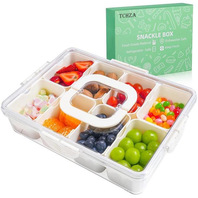 Snackle Box Container, Dishwasher Safety - Divided Serving Tray with Lid and Handle, Charcuterie Board for Portable Snack Platters - Clear Organizer for Fruits Snacks - Perfect for Road Travel Party