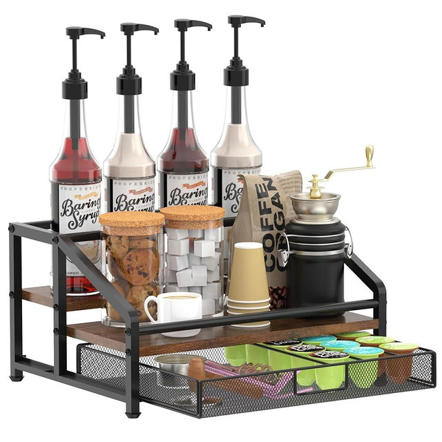 Alyoen Coffee Syrup Organizer Rack, 3-Tier Coffee Station Organizer for Countertop, Coffee Bar Organizer with 35K Cup Storage Basket, Coffee Syrup Holder Stand for Coffee Bar Accessory, Syrup - Wine