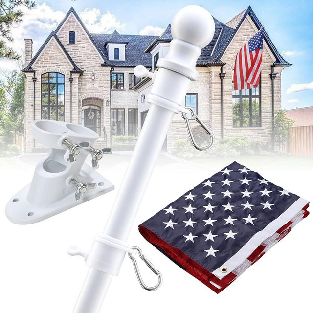 Barcetine Flag Pole with American Flag - Tangle Free Flag Poles for Outside House with 3x5 Embroidered US Flags,Flagpole Holder Bracket - 5ft Heavy Duty Outdoor Flag Pole Kit for Porch - White