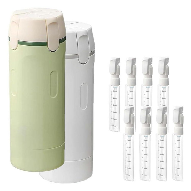 4 in 1 Travel Dispenser Bottle, Travel Toiletry Bottles with Scale Label, Portable Leak Proof Refillable, for Gym Bag Weekends Away (Green+White)