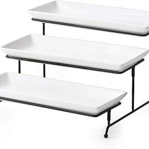 3 Tier Serving Stand Tiered Tray Stand with 3 Porcelain Serving Platters Trays for Dessert Server Display Collapsible Sturdier Metal Rack 14 inch