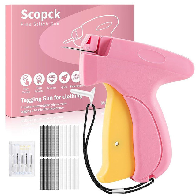 Stitch Gun for Clothes - Handheld Stitch Gun Quick Clothing Fixer - Tagging Gun - Includes 6 Needle, 1000 Black Fasteners & 1000 White Fasteners (Pink/Orange)