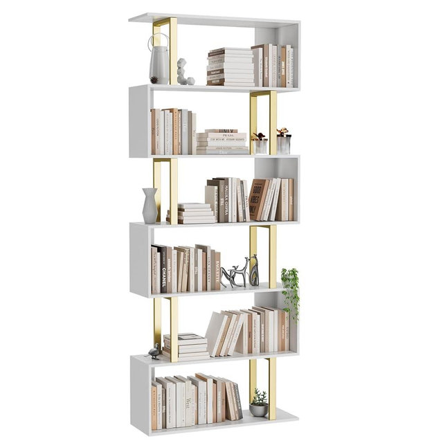 Gadroad Geometric Bookcase,S Shaped Bookshelf, Wood Decorative Storage Shelving, Modern Freestanding Display Shelves, Tall Book Shelf Unit for Living Room Bedroom (Gold, 6 Tier)