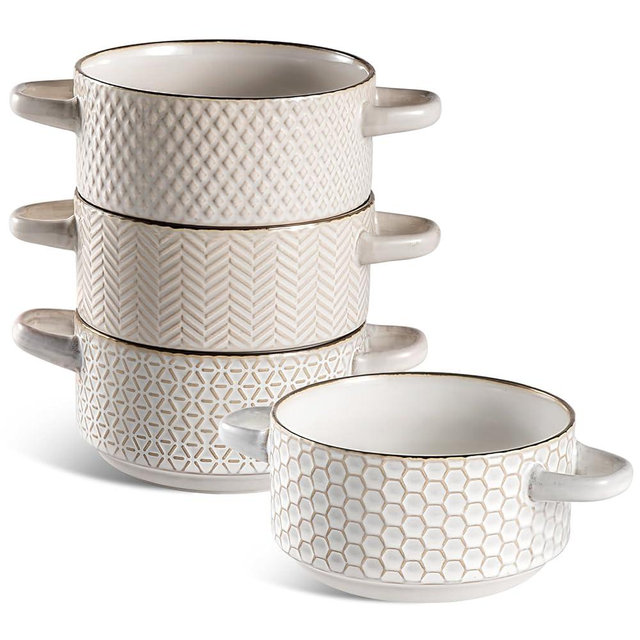 Gooditour Ceramic Soup Bowls Set - 27 Oz French Onion Soup Crocks with Handles - Embossed Stoneware Bowls for Soup Cereal Beef Stew Chili - Microwave Dishwasher Oven Safe - Set of 4