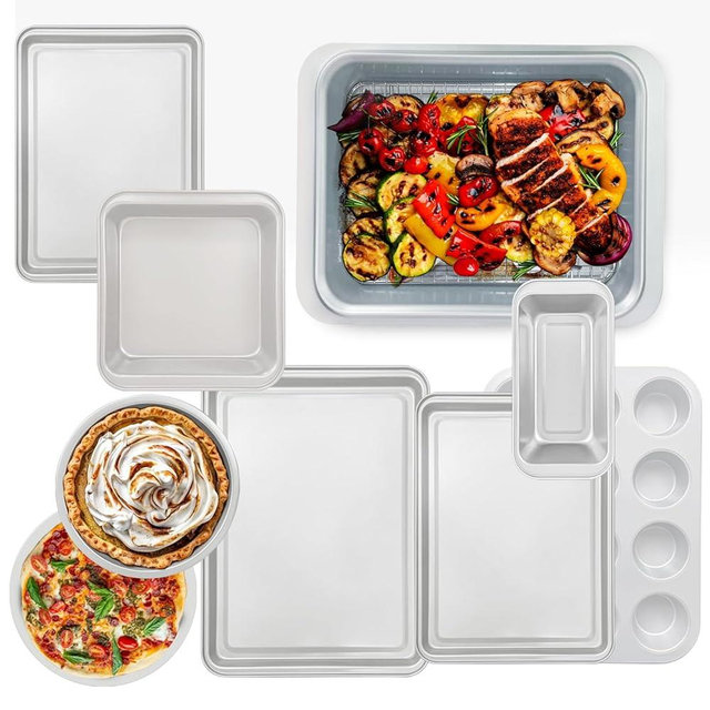 BETTERBEAUTY Nonstick Bakeware Set 10 Pcs, Professional Kitchen Bicolor Baking Pans Set with Cookie Sheets, Muffin Pan, Loaf Pan, Cake Pan and Cooling Rack, Dishwasher Safe, 0.8mm Thick Heavy Duty