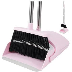 Broom and Dustpan Set House Brooms for Sweeping Indoor Collapsible Broom and Dust Pan Combo for Home Office Kitchen Lobby Floor Pet Hair (Pink)