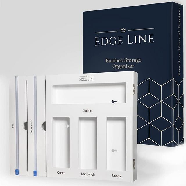 EDGE LINE White Bamboo Ziplock 6 Slot Storage Organizer - Food Storage Bags Organizer with 3 Doors - Kitchen Plastic Bags Storage - Gallon, Quart, Sandwich, Snack, Plastic Wrap, and Aluminum Foil