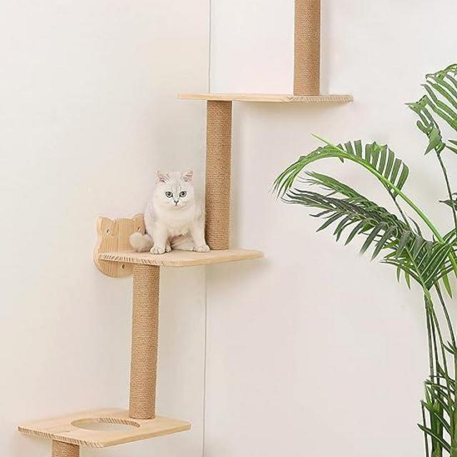 Cat Tree Wall Mounted with 4 Levels Cat Shelves 73" Wood Corner Cat Climbing Tower Indoor Cat Wall Furniture for Scratching,Playing and Lounging (Left to Right)