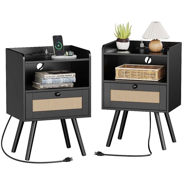 SUPERJARE Nightstands with Charging Station, Bedside Table Set of 2 with PE Rattan Drawers, Rattan Side Table with Storage & Solid Wood Feet, End Table for Bedroom, Living Room - Black