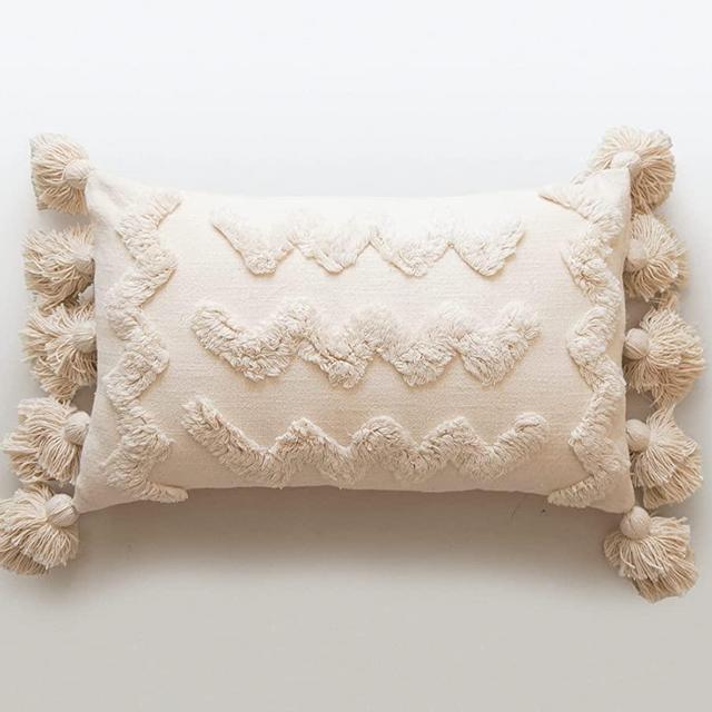 Banilla Bohemian Lumbar 12x20 Pillow Cover |100% Cotton Boho Throw Pillow Cover Perfect for Bed or Couch | Decorative Pillow Hand Tufted with Chunky Tassels | White Lumbar Pillow Decorative