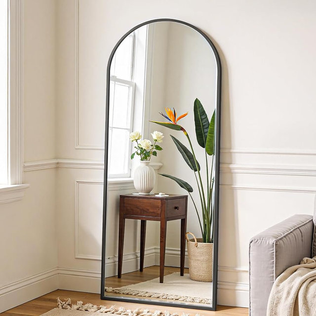 OLIXIS Black Arched Full Length Mirror 60"x16" for Bedroom, Full Body Mirror with Stand, Hanging or Leaning for Wall, Aluminum Alloy Thin Frame Floor Standing for Living Room