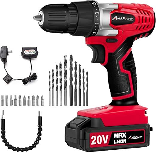 AVID POWER 20V MAX Lithium lon Cordless Drill, Power Drill Set with 3/8 inches Keyless Chuck, Variable Speed, 16 Position and 22pcs Drill Bits