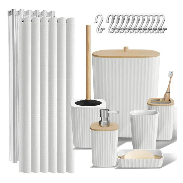 Hearth & Harbor Bathroom Accessories Set, White Bathroom Set with Shower Curtain Set, Trash Can & Soap Dispenser