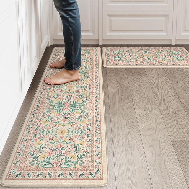 Collive Anti Fatigue Kitchen Mat 2PCS, Cushioned Kitchen Comfort Mats for Floor Non Slip Waterproof Padded Sink Rugs, Vintage Boho Floral Standing Rug for Office, Home Decor, 17"x29"+17"x59", Pink