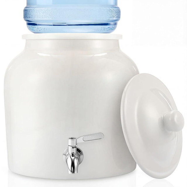 FillTouch Ceramic Water Dispenser Crock Water Dispenser with 304 Stainless Steel Faucet, Valve and Lid for 3 to 5 Gallon Jugs Porcelain Cooler for Home Office Indoor Outdoor Party Use(White)
