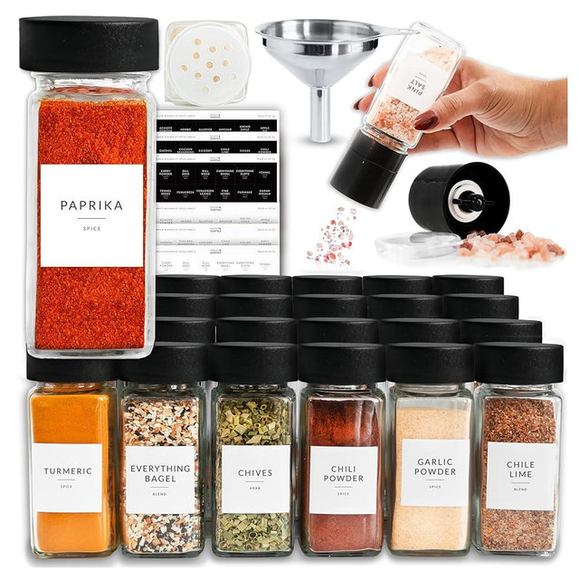 SAVVY & SORTED Glass Spice Jars with Label 24 PK - 4 Oz Spice Containers with 374 Minimalist Labels Stickers, Pepper Grinder Funnel Shaker Lids, Empty Square Seasoning Rack Organizer