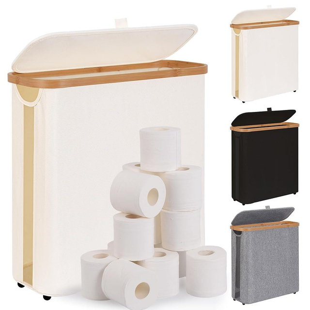 Toilet Paper Storage Basket with Lid - The Ultimate Bathroom Organizer, Free Standing Toilet Paper Holder for Up to 12 Mega Rolls, Toilet Tissue Storage Bin with Handle for RV Closet, Beige