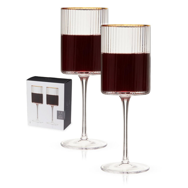 Viski Meridian Ribbed Wine Glasses, Crystal Wine Glass Unique Art Deco Glassware, Gold Rimmed Stemmed Glass for Wine 16oz Set of 2