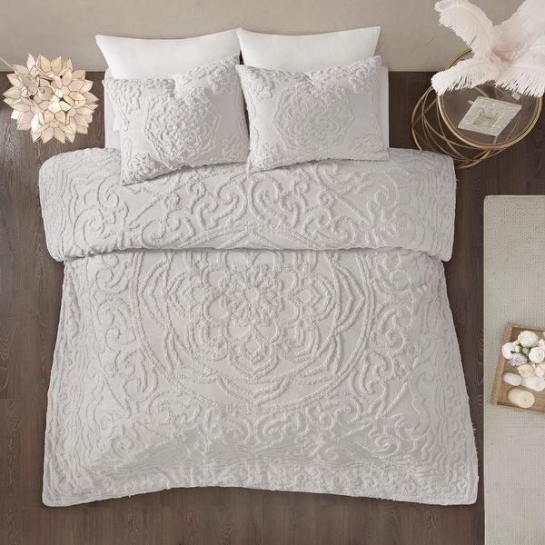 Madison Park Virginia Tufted Cotton Chenille Medallion Duvet Cover Set - King - Cal King - Grey