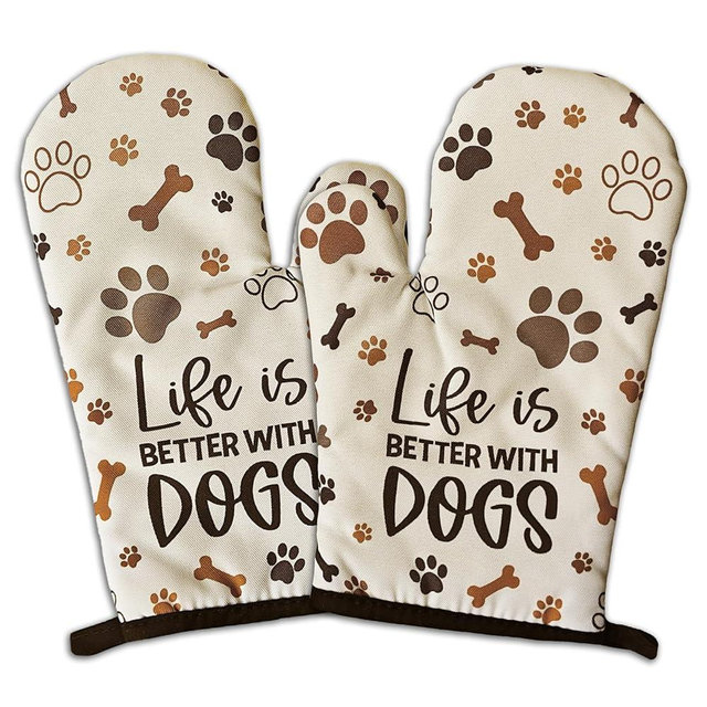 GOSJINNK 2 Pcs Funny Paw Prints Oven Mitts Life is Better with Dogs Heat Resistant Baking Mittens Silicone Non-Slip Oven Mitts Kitchen Decor Gift Birthday Gift for Women Men Hostess Friend Dog Lover