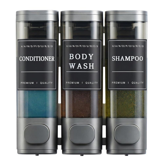 Shampoo and Conditioner Dispenser,Shower Soap Dispenser 3 Chamber No Drill Wall-Mounted for Bathroom & Hotel Leak-Proof Pumps, for Thick Liquids Like Conditioner - 1050ML High Capacity, Gun Gray