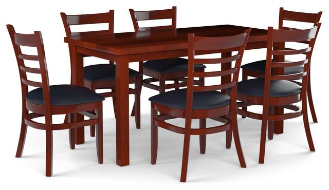 7-Piece Solid Wood Dining Set, Dark Mahogany, Black Vinyl Padded Seat