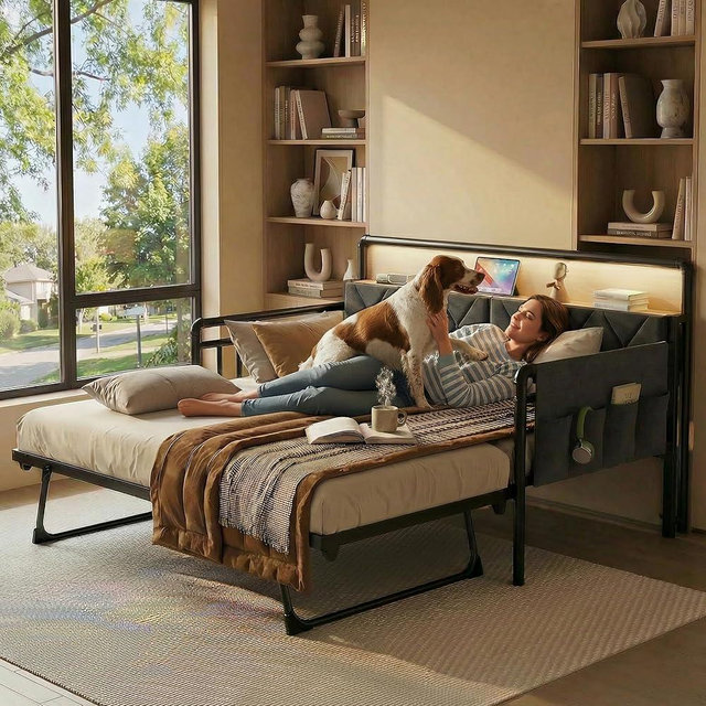 Hretanant Daybed with Trundle Bed, Twin Bed Frame with LED Light, Storage Headboard with Charging Station, Strong Metal Frame, Sofa Day Bed for Living Room, Bedroom, Guest Room, Grey