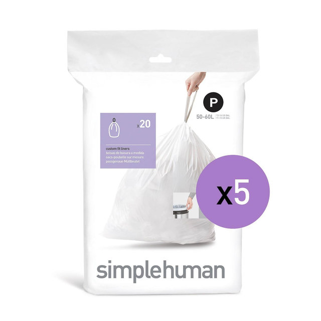 simplehuman 50-60L 100ct Code P Custom Fit Trash Bags Liner White