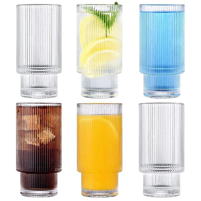 Glass Cups, Vintage Glassware 6pc Set, 12oz Origami Style Glass Cup, Ribbed Glassware, Fluted Glassware, Ribbed Drinking Glasses