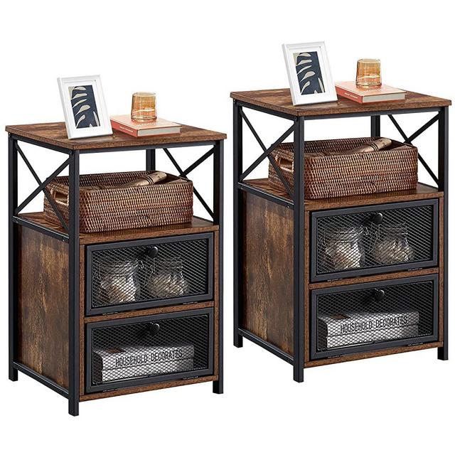 VECELO Modern Nightstand, End Table with flip Drawer and X-Design Side for Bedroom Living Room Office, Easy Assembly,Set of 2,Retro Brown