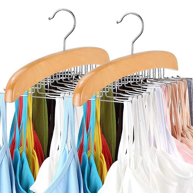 Tank Top Hanger with Premium Wood, 24 Large Capacity, Space Saving,360° Rotating, Foldable Metal Hooks, Resovo Camisole Organizer for Tank Tops, Camisole, Bathing Suits, Bras etc, 2 Pack.