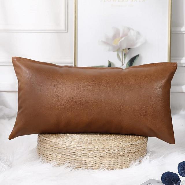 PANOD Decorative Lumbar Throw Pillow Covers 14 x 26,Premium Faux Leather Long Pillow Covers Cushion Case for Farmhouse Sofa Couch Bed Livingroom,Modern Boho,Vegan Brown