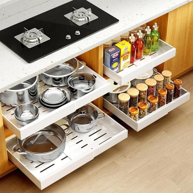 Bifixia 4 Pack Expandable Pull Out Cabinet Organizer 21" Deep with Heightening Pads for Framed Cabinets, Sliding Drawers Roll Out Shelves Adhesive, Adjustable Width 12.2"~20.5"